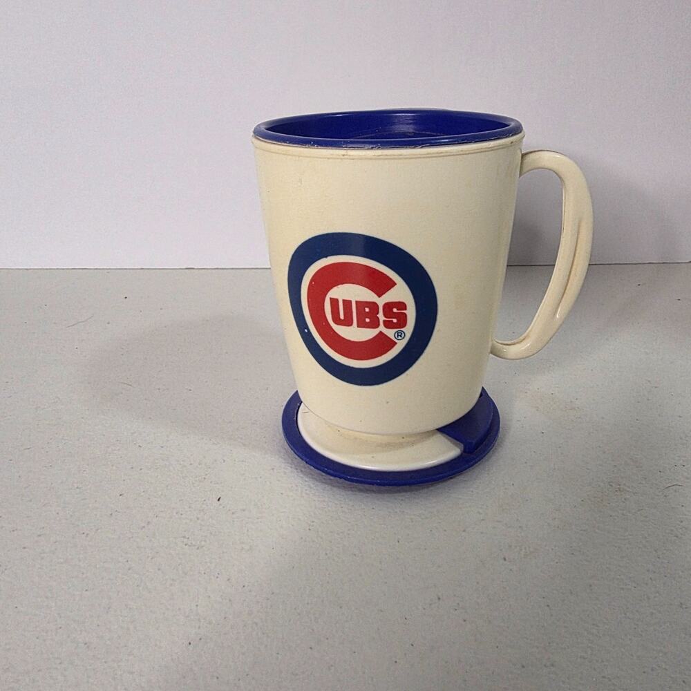 Chicago Cubs Bob Evans Coffee Mug w/ Rotating Coaster Base Blue White Vintage